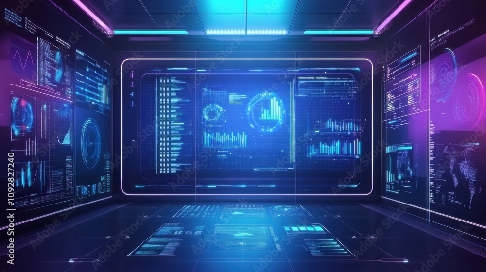 AI hologram interface displaying data, high-tech room, cutting-edge technology AI hologram interface displaying data, high-tech room, cutting-edge technology