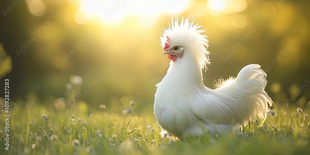 Silkie chicken exploring a grassy field, showcasing its unique features ...