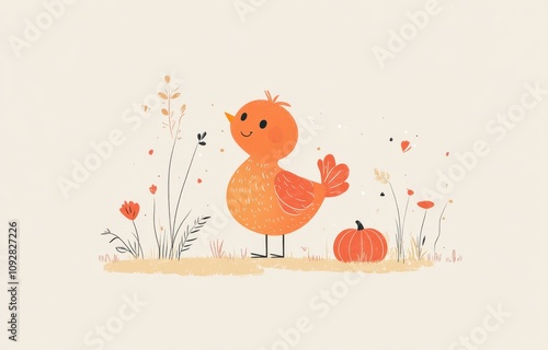 Charming turkey illustration surrounded by flowers and a pumpkin photo