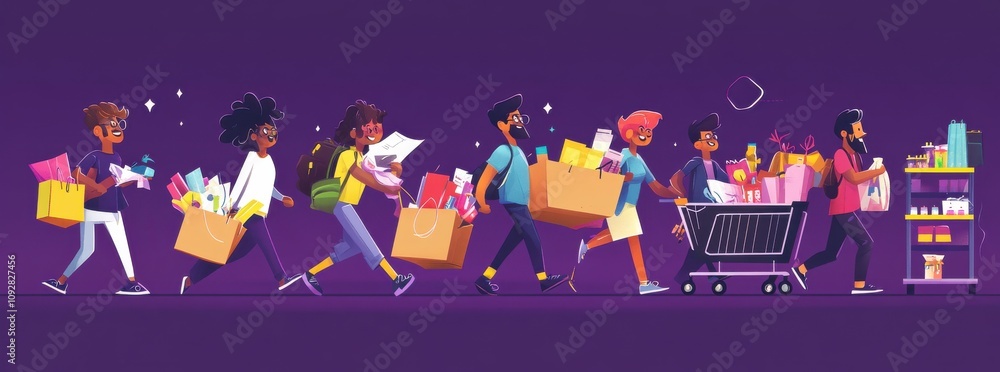 Diverse group of people enjoying a fun shopping spree together Diverse group of people enjoying a fun shopping spree together