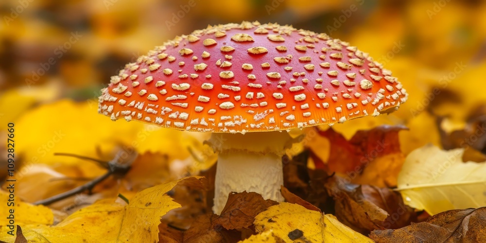 A vibrant red fly agaric, adorned with white specks, emerges in the autumn forest, surrounded by crisp yellow leaves, showcasing the enchanting beauty of this red fly agaric in nature. A vibrant red fly agaric, adorned with white specks, emerges in the autumn forest, surrounded by crisp yellow leaves, showcasing the enchanting beauty of this red fly agaric in nature.