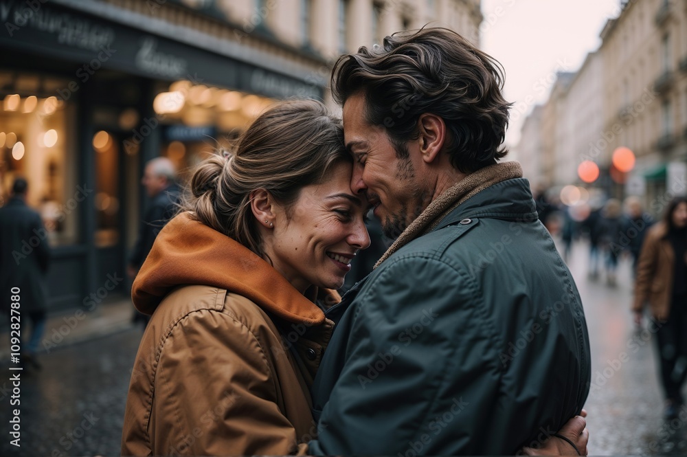 two people hugging on the street. International hug day concept two people hugging on the street. International hug day concept