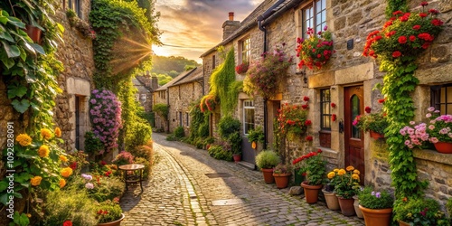 Charming Stone Cottage Street with Colorful Flowers and Vibrant Greenery at Sunset in a Quaint English Village Setting