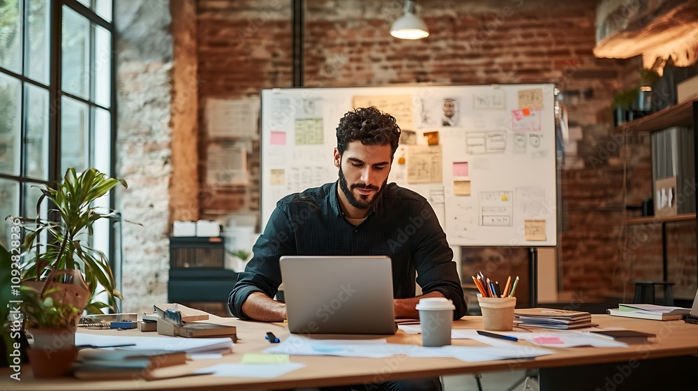 Successful and handsome businessman smiling and working in a modern office Successful and handsome businessman smiling and working in a modern office