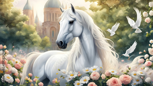 A white horse is standing in a park full of flowers and a beautiful dove is sitting on top of it