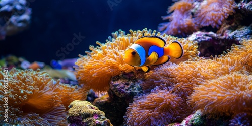 Vibrant multi colored aquarium fish gracefully swim among corals in a stunning underwater landscape. These beautiful fish showcase the diversity of exotic sea life found at the ocean s bottom. photo