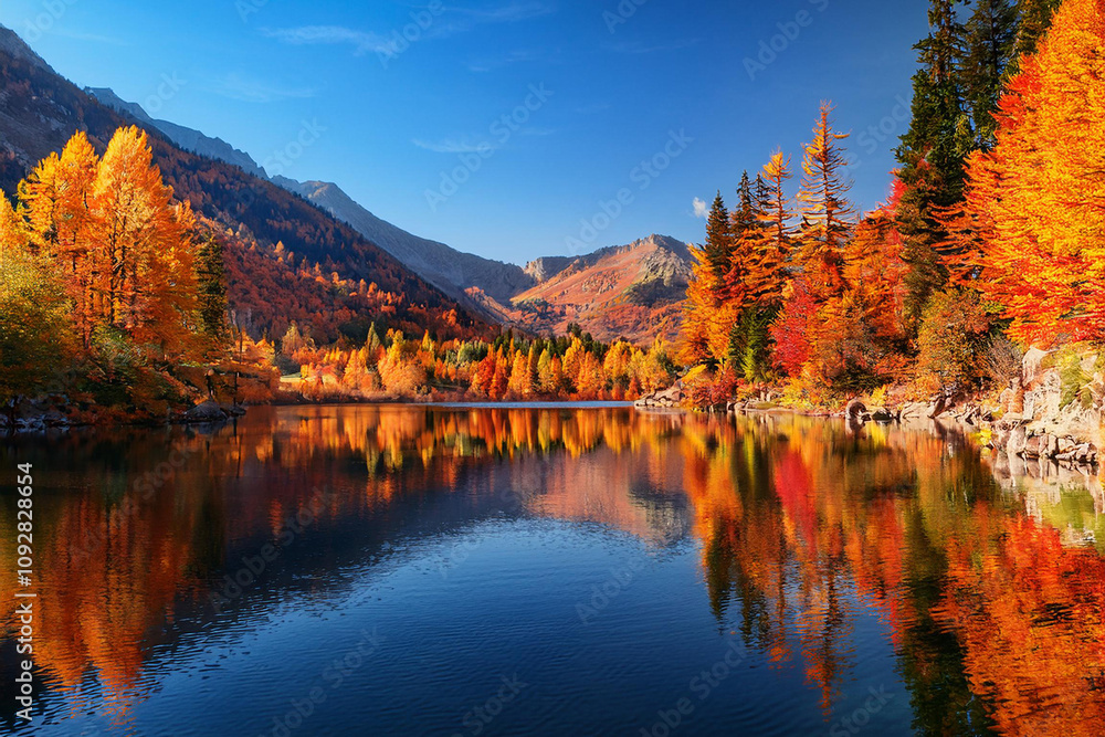 Obraz premium A serene lake reflects colorful autumn trees and mountains, with bright red, orange, and yellow foliage creating a picturesque scene, ai.