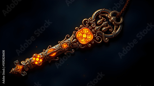 A magical key with intricate carvings glowing in the dark illustration. Generative AI photo