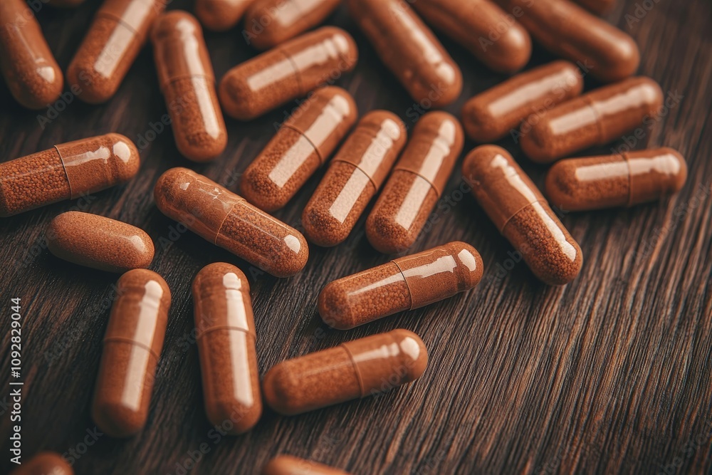 A close-up image of brown capsules scattered on a wooden surface, highlighting their texture and shape. A close-up image of brown capsules scattered on a wooden surface, highlighting their texture and shape.