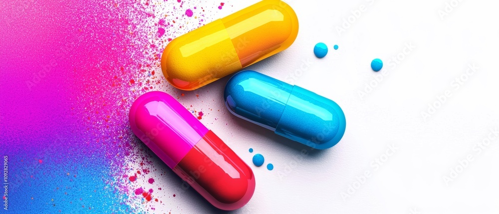 Vibrant capsules in pink, yellow, and blue hues, scattered with colorful powder, create a striking and dynamic visual impact. Vibrant capsules in pink, yellow, and blue hues, scattered with colorful powder, create a striking and dynamic visual impact.