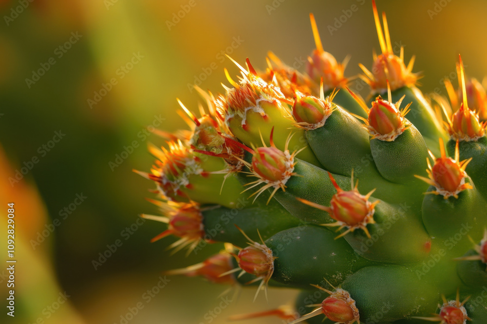 Close-up of a cactus with vibrant green skin and red-orange spines, bathed in warm sunlight, showcasing the intricate details of its textured surface. Close-up of a cactus with vibrant green skin and red-orange spines, bathed in warm sunlight, showcasing the intricate details of its textured surface.