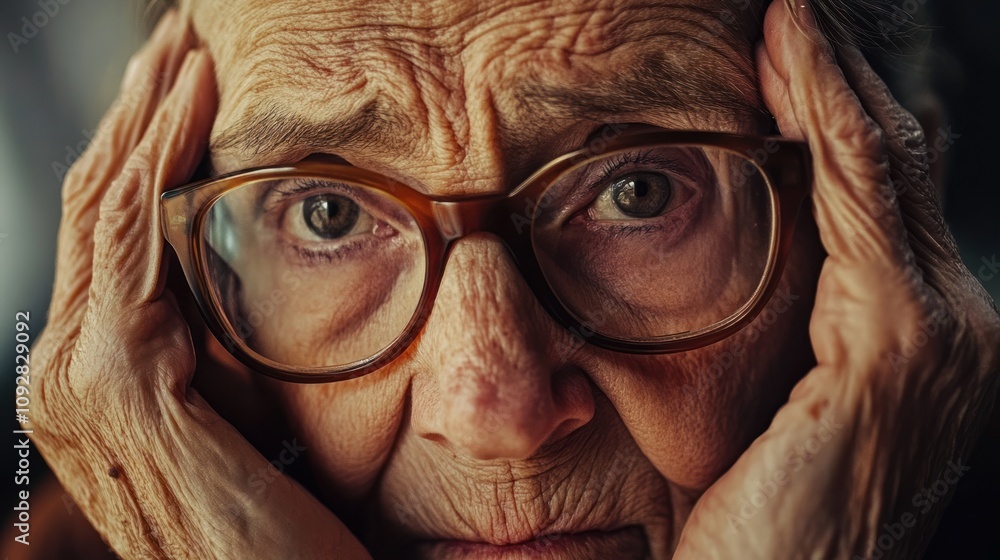 An elderly woman with glasses shows deep emotion, reflecting concern or worry. An elderly woman with glasses shows deep emotion, reflecting concern or worry.
