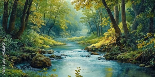 A serene river flows gracefully through a lush forest, showcasing the beauty of nature as the river meanders among the vibrant foliage, creating a picturesque and tranquil landscape.