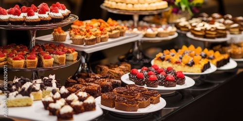 A variety of baked sweets displayed on a buffet offers an enticing selection of desserts. Indulge in these baked sweets, showcasing different flavors and styles at this delightful buffet.