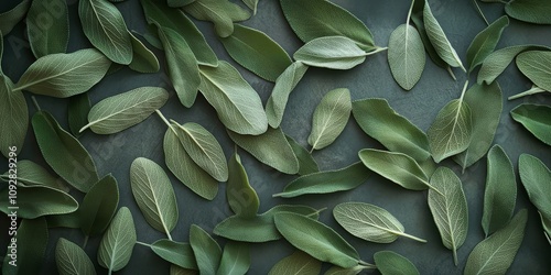 Fresh sage leaves arranged on a table, showcasing the vibrant green color and unique texture of sage leaves, adding a touch of nature to any setting with these fresh sage leaves.