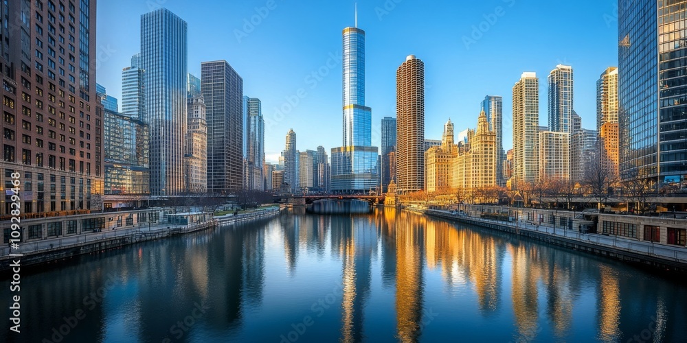 Skyscrapers and tall buildings reflect in the water of a river, showcasing the impressive architecture of tall buildings in an urban setting. Explore the diversity of tall buildings along the