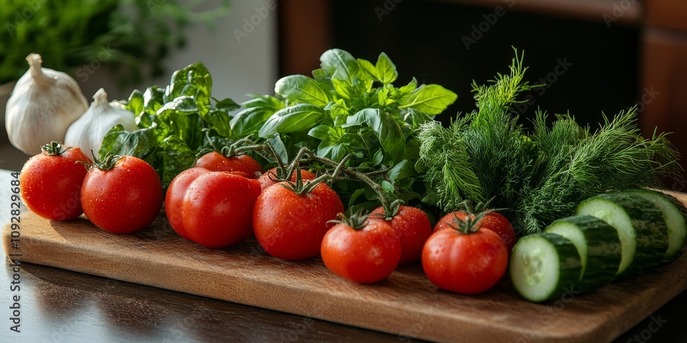 Fresh herbs, tomatoes, cucumber, and garlic arranged on a chopping board create a vibrant scene, showcasing the beauty of fresh ingredients. Tomatoes, cucumber, and garlic enhance the culinary Fresh herbs, tomatoes, cucumber, and garlic arranged on a chopping board create a vibrant scene, showcasing the beauty of fresh ingredients. Tomatoes, cucumber, and garlic enhance the culinary