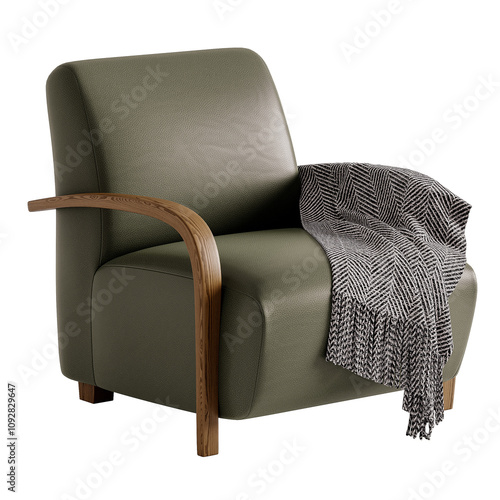 A green leather chair with a wooden arm rest and a black