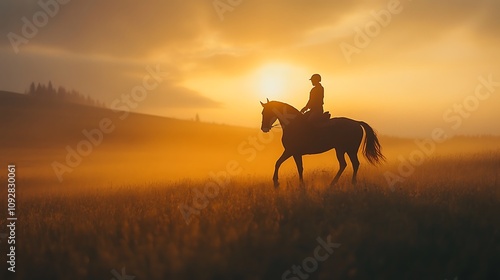 Silhouetted Rider on Horseback at Sunrise in a Misty Field AI Generated