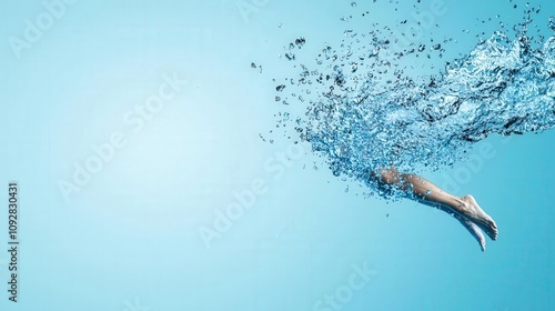 Droplets suspended midsplash as a diver hits the water, diver splash, dynamic action motion photo