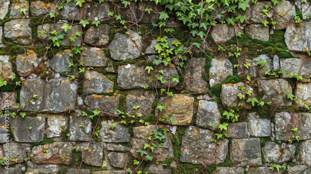 A stone wall with moss and ivy growing on it. A stone wall with moss and ivy growing on it.