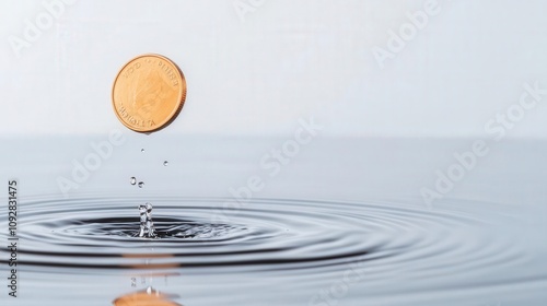 Tiny droplets splashing off a spinning coin as it hits the water, coin splash, dynamic ripple motion photo