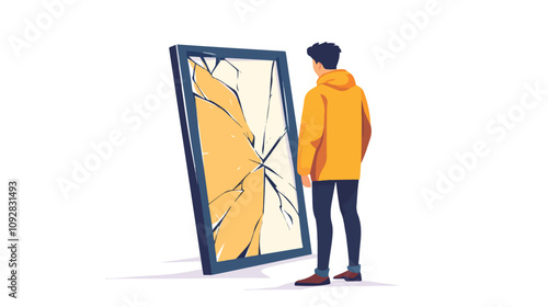 Young Man Holding Broken Mirror in Raincoat