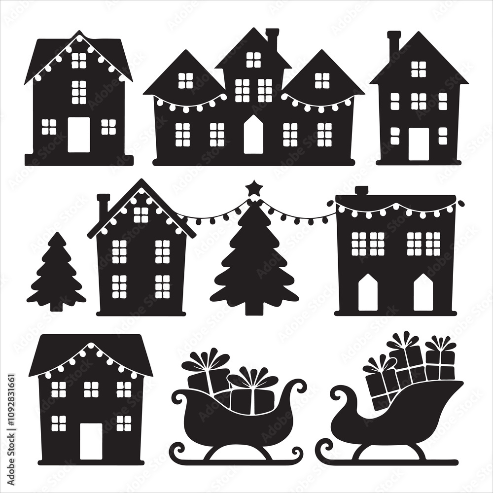 Fototapeta premium set of vector christmas village silhouette 