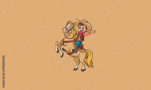 Happy cowboy riding a rearing horse cartoon vector.