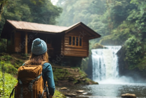 Hiker enjoys a peaceful moment by a waterfall near a wooden cabin in a lush forest