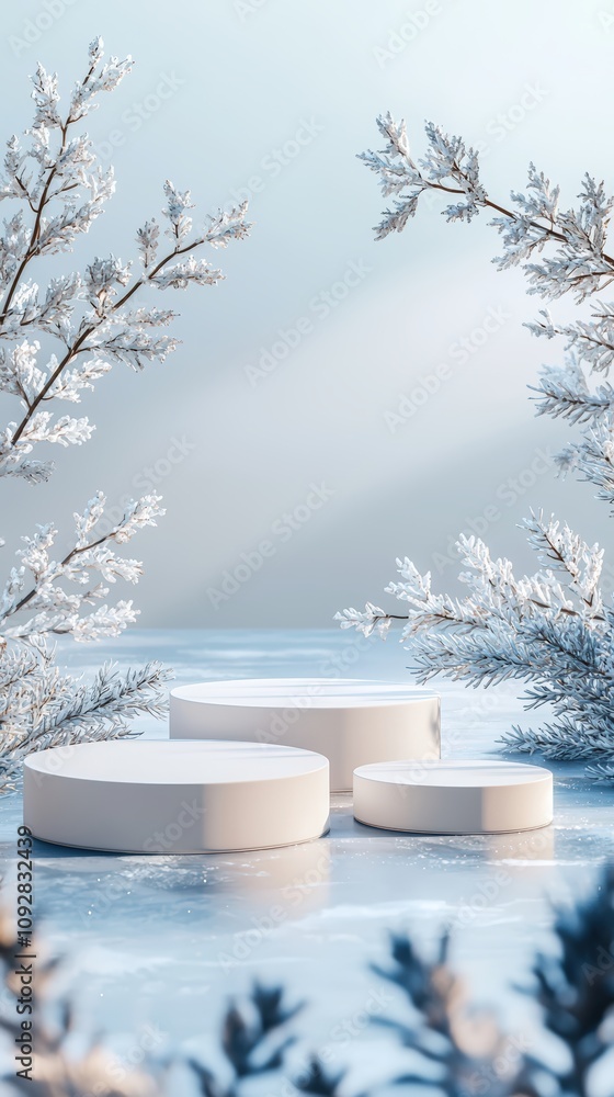 Fototapeta premium Elegant winter display with frosted podiums