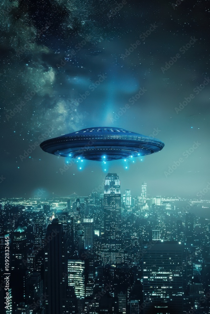 Alien spaceship hovering over cityscape at night sci-fi art urban view Alien spaceship hovering over cityscape at night sci-fi art urban view