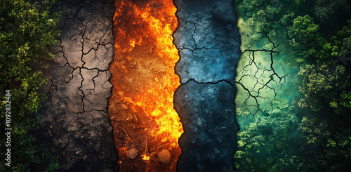 Dramatic divisions in the earth's ecosystems showcase the impacts of climate change. Sections of fire, water, and greenery highlight the urgent need for environmental action