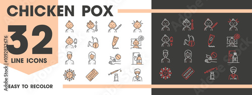 Chicken pox line icons, vector signs of rash spots, blisters, thermometer, calamine lotion, virus cell, sick kid and adult, medical syringes and healthcare symbols of diagnosis, symptoms and treatment