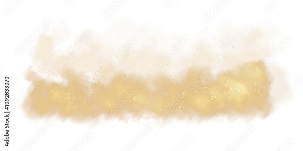 Fototapeta premium Fantastic golden smoke background. Magic golden smoke with glitter and small particles of twinkling stars. Fog with luminous particles. Yellow vapor with stardust. Morning fog over land or water surfa