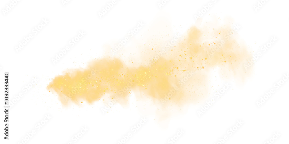 Fantastic yellow smoke background. Magic yellow smoke with glitter and small particles of twinkling stars. Fog with luminous particles. Yellow vapor with stardust. Morning fog over land or water surfa Fantastic yellow smoke background. Magic yellow smoke with glitter and small particles of twinkling stars. Fog with luminous particles. Yellow vapor with stardust. Morning fog over land or water surfa