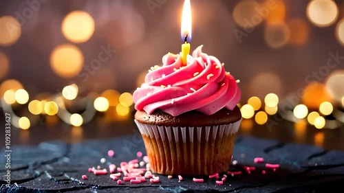 Pink Frosted Cupcake with Lit Candle for Celebration

 photo