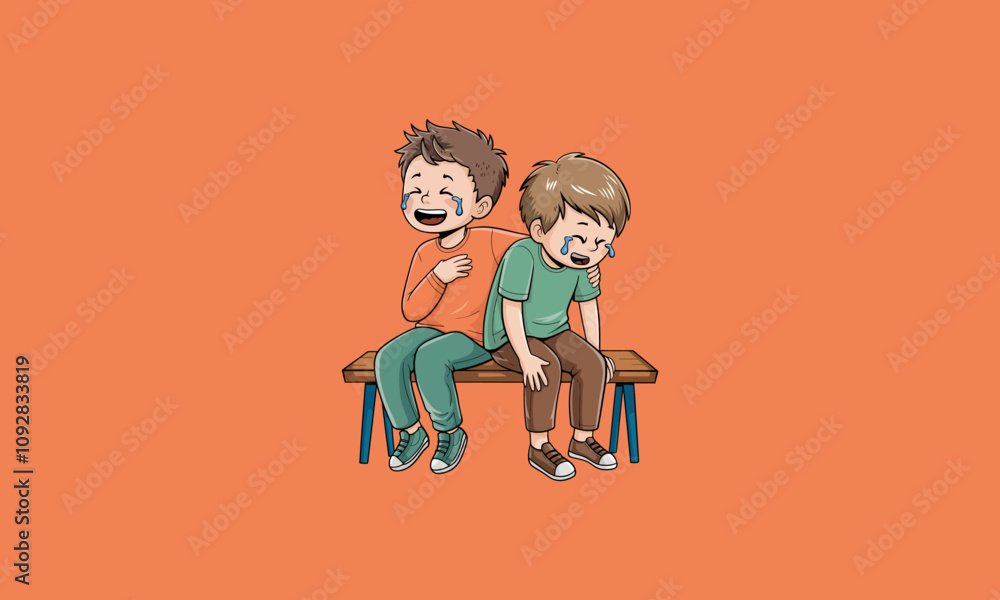 Two boys laughing together on a bench cartoon vector. Two boys laughing together on a bench cartoon vector.