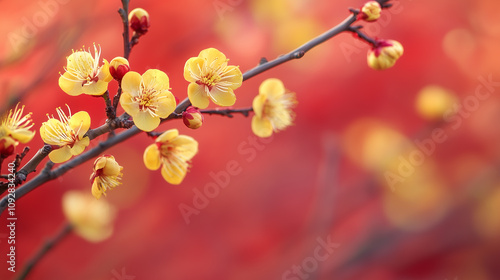 Branches with yellow apricot flowers on a bright red background. Tet, Lunar New Year or Chinese New Year card background, copyspace for your text. Spring flowers.