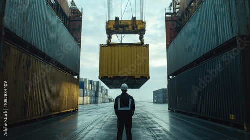 Back view of a logistics coordinator ensuring stock container being lifted at shipping port front view Cargo handling efficiency photo