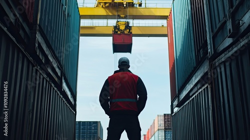 Back view of a logistics coordinator ensuring stock container being lifted at shipping port front view Cargo handling efficiency photo