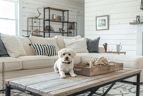 Modern farmhouse living room with shiplap walls, a cream-colored sofa, rustic wooden coffee table, and black metal accents for a blend of elegance and charm. interior design idea photo