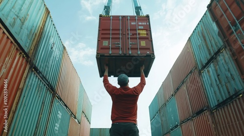 Back view of a logistics coordinator ensuring stock container being lifted at shipping port front view Cargo handling efficiency photo