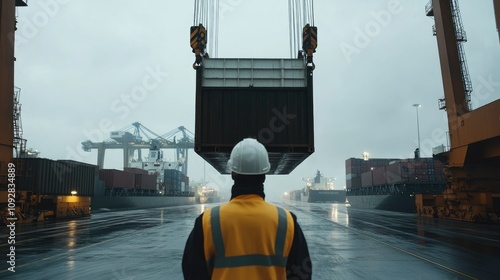 Back view of a logistics coordinator ensuring stock container being lifted at shipping port front view Cargo handling efficiency photo