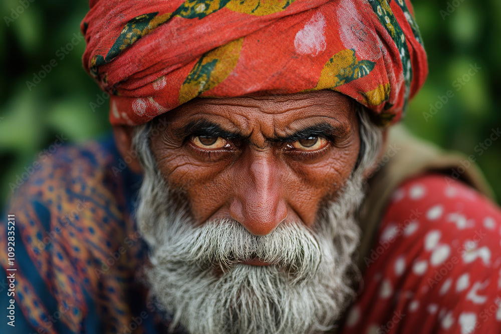 Elderly South Asian man with intense gaze, wearing a colorful turban and patterned attire, set against a blurred natural background. Elderly South Asian man with intense gaze, wearing a colorful turban and patterned attire, set against a blurred natural background.