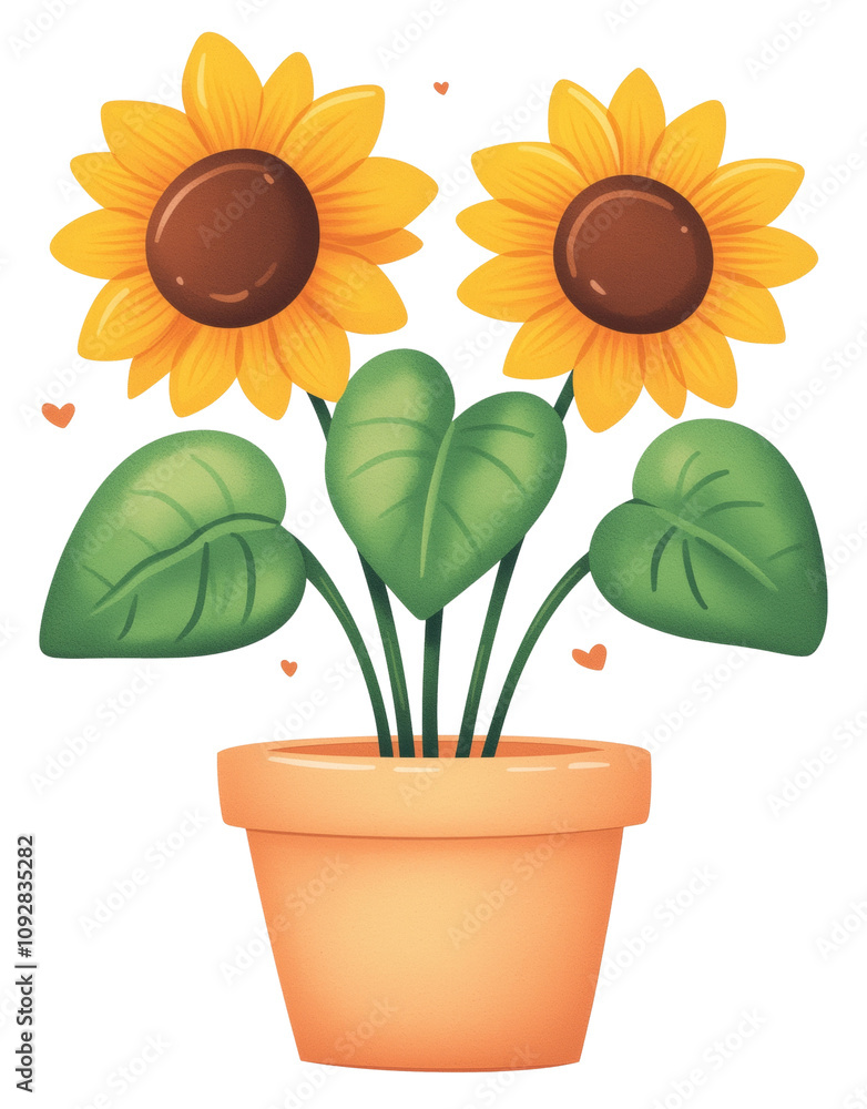 Obraz premium Bright sunflowers in a clay pot isolated on transparent background.