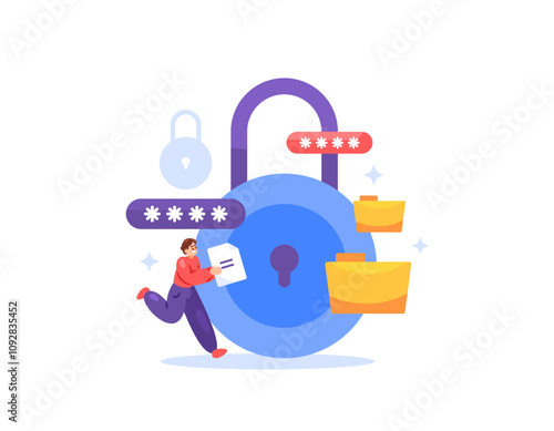 file security and safety concept. folder lock application or software. giving password to document. illustration of a user with a large padlock. flat style design. element