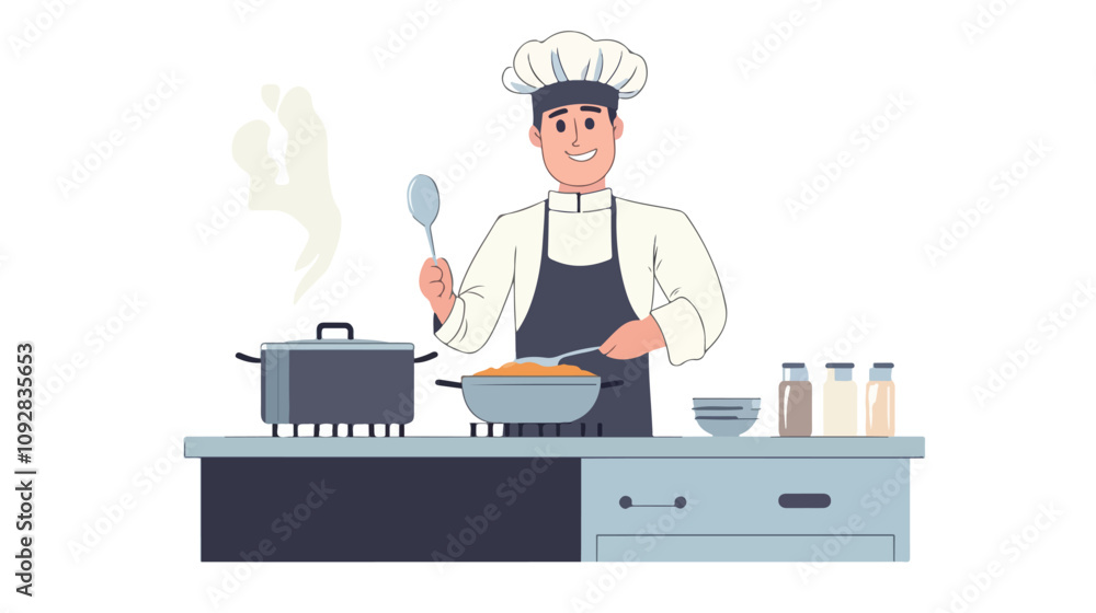 Professional Chef Cooking Concept with Man Wearing Cap and Holding Spoon