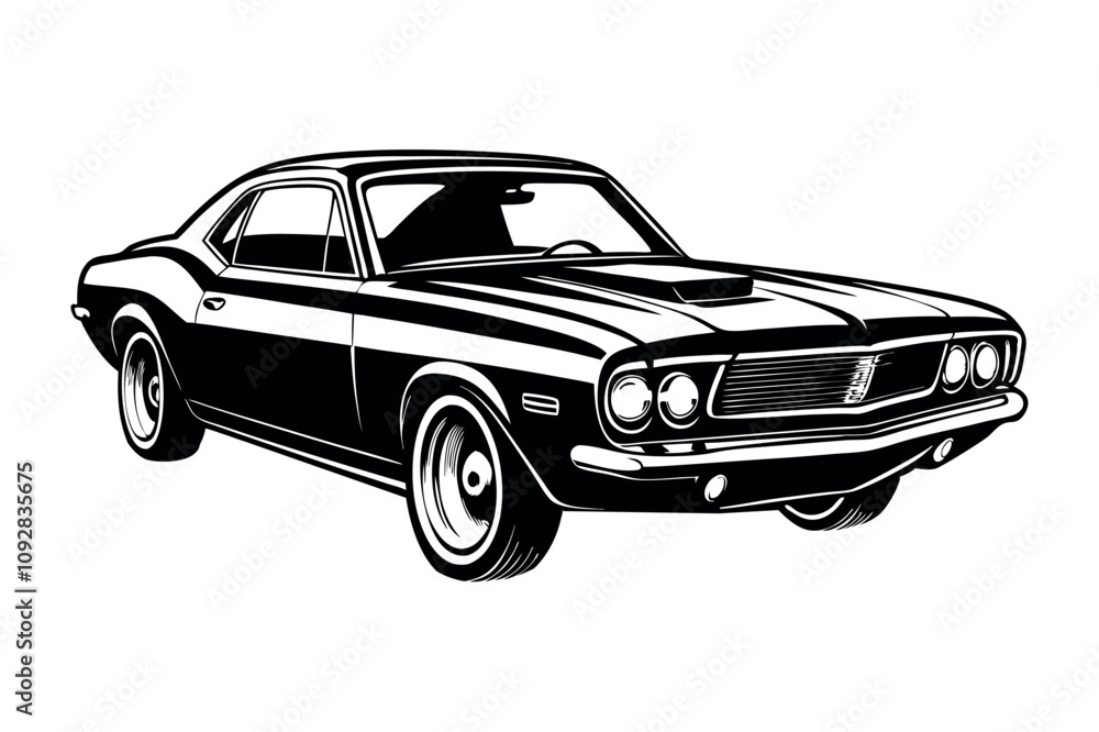 Naklejka premium Classic muscle car silhouette in black and white vector illustration
