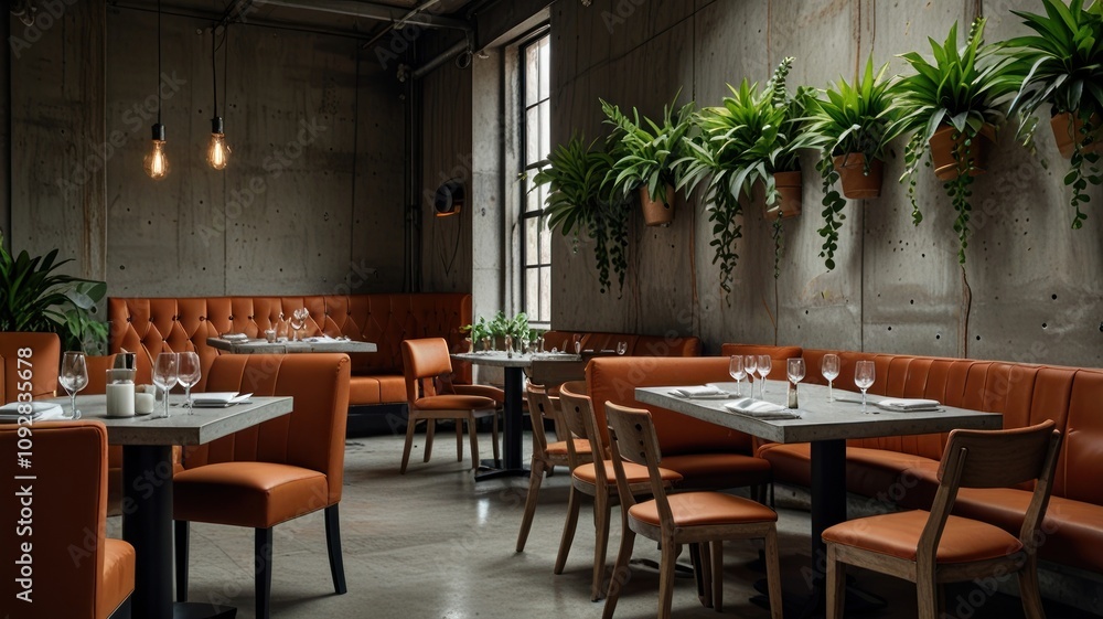 Here's a description and keywords for the image.. Modern restaurant interior with orange leather booths, concrete walls, and potted plants. Here's a description and keywords for the image.. Modern restaurant interior with orange leather booths, concrete walls, and potted plants.